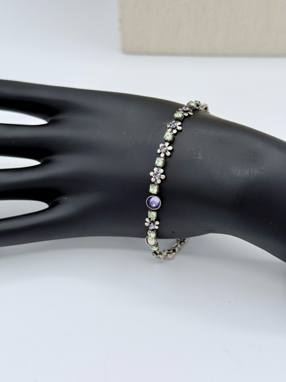 Mary DeMarco‎ Signed Vintage Crystal Flower Bracelet Purple Green Pearl Silver